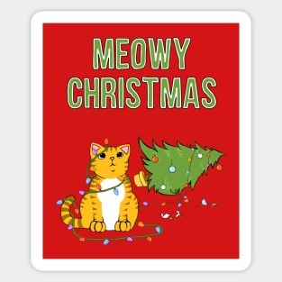 Meowy Christmas Tabby Cat Knocked Over Xmas Tree Sticker